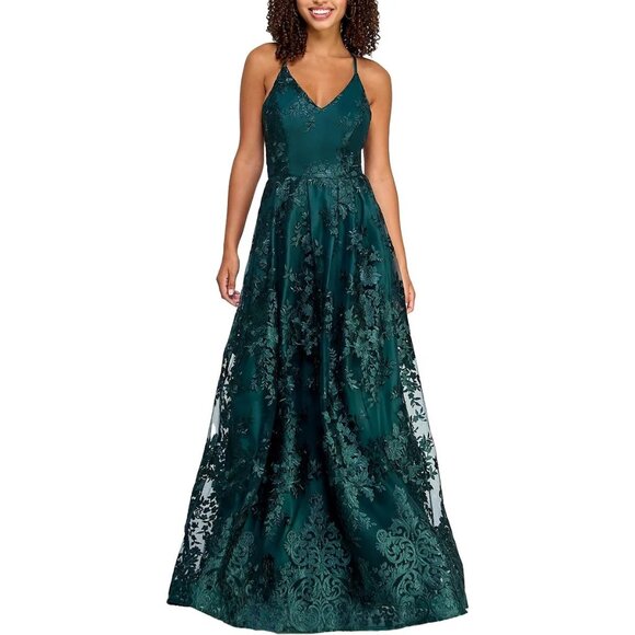 BCX Juniors' Floral Embroidered Gown Emerald Size 9 - Picture 1 of 1